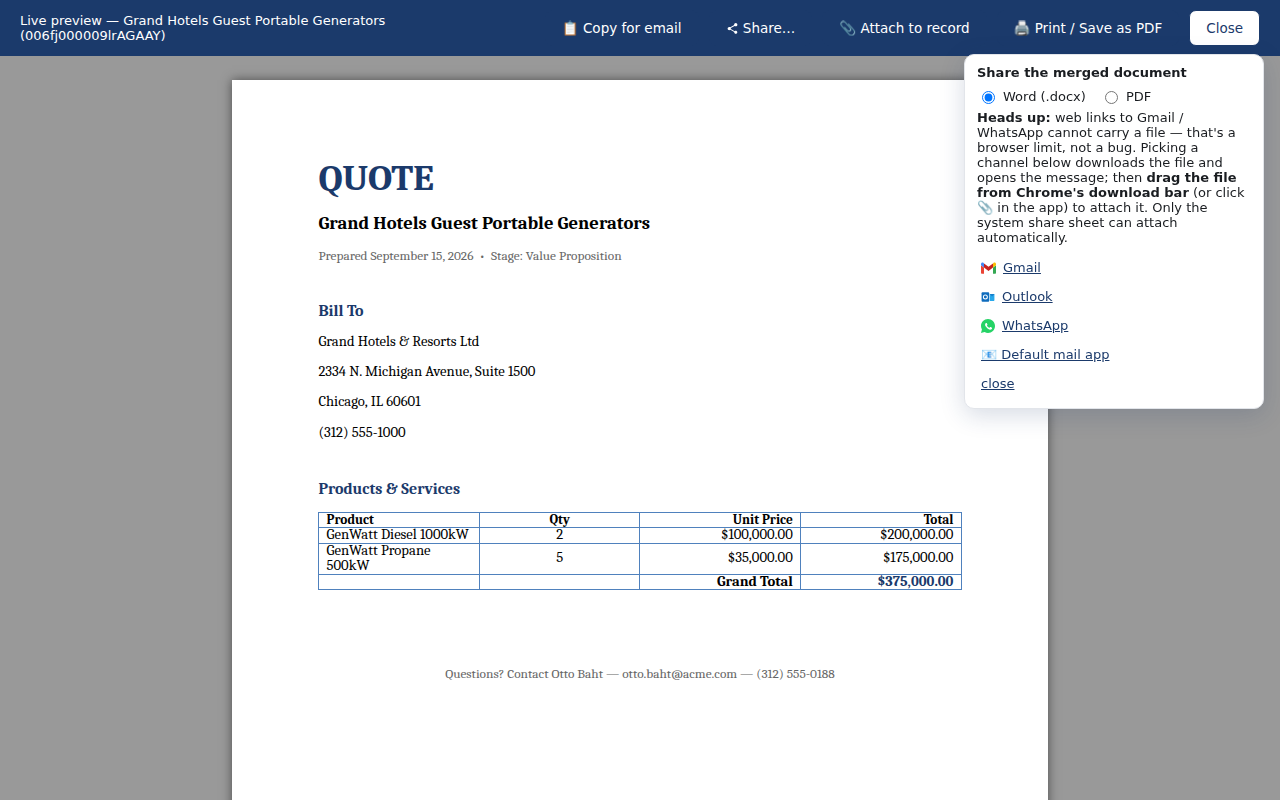 Attach the merged document to the record